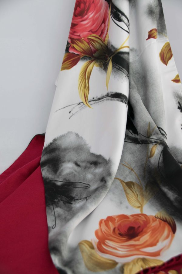 Roses on Silk and Red Cashmere Scarf/Shawl - Image 2